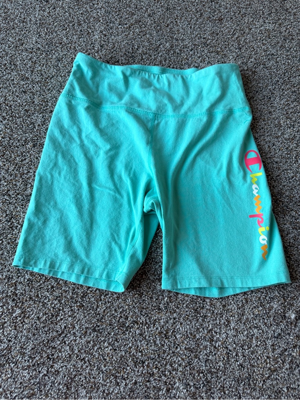 Champion Womens Large Aqua Turquoise Bike Shorts Multicolor Spellout Logo 7"